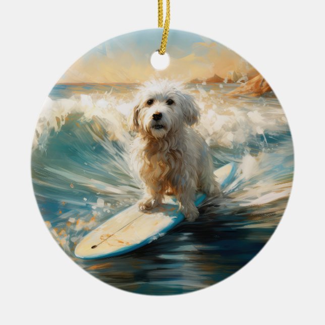 Coton De Tulear Beach Surfing Painting Ceramic Ornament (Front)