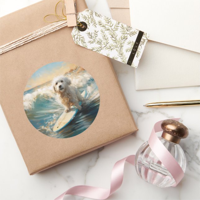 Coton De Tulear Beach Surfing Painting Classic Round Sticker (Gifting)