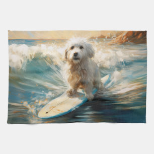 Coton De Tulear Beach Surfing Painting Kitchen Towel