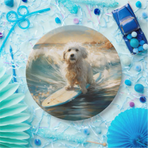 Coton De Tulear Beach Surfing Painting Paper Plate