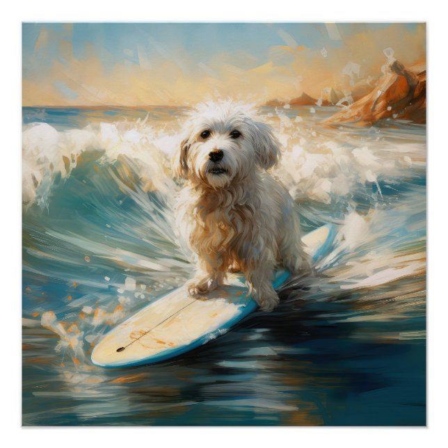 Coton De Tulear Beach Surfing Painting Poster (Front)