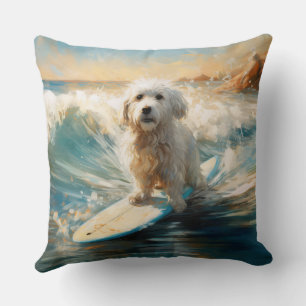 Coton De Tulear Beach Surfing Painting Throw Pillow