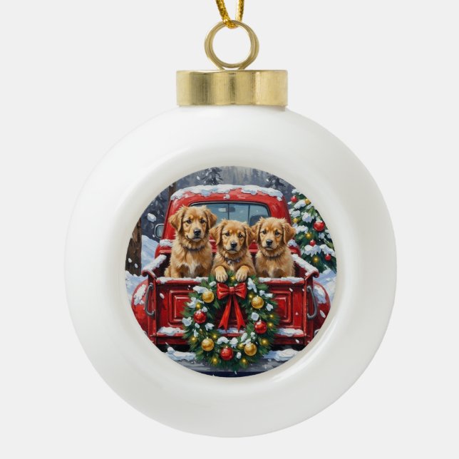 Coton de Tulear Christmas Red Truck Holiday Ceramic Ball Christmas Ornament (Front)