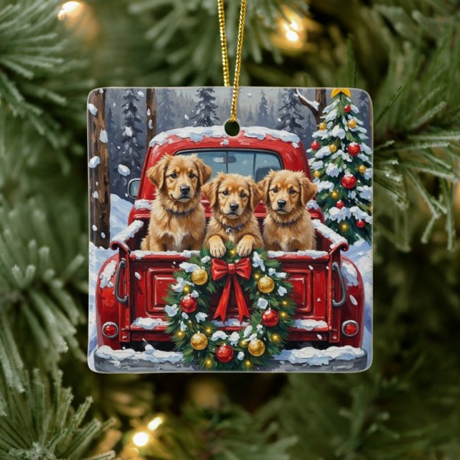 Coton de Tulear Christmas Red Truck Holiday Ceramic Ornament (Tree)