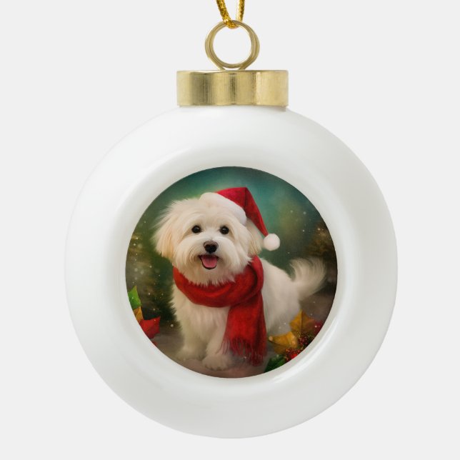 Coton De Tulear Dog in Snow Christmas Ceramic Ball Christmas Ornament (Front)