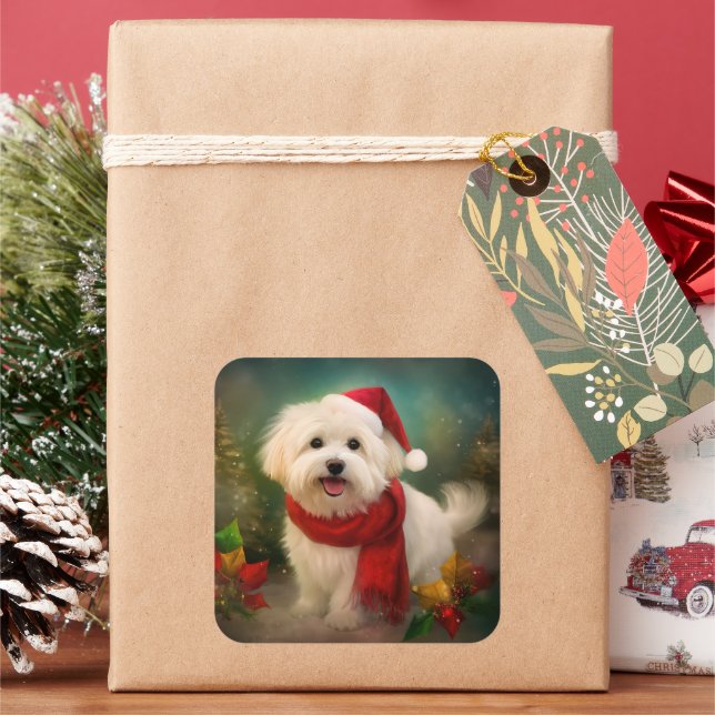 Coton De Tulear Dog in Snow Christmas Square Sticker (Holiday)