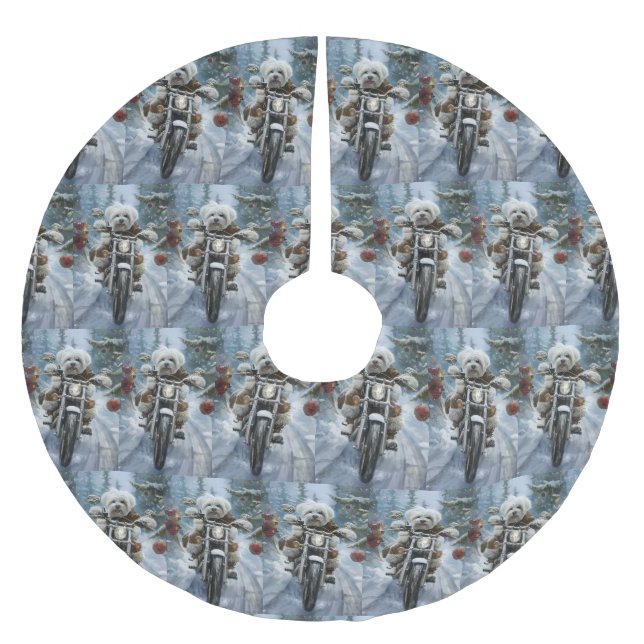 Coton De Tulear Dog Riding Motorcycle Christmas  Brushed Polyester Tree Skirt (Front)