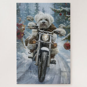 Coton De Tulear Dog Riding Motorcycle Christmas  Jigsaw Puzzle