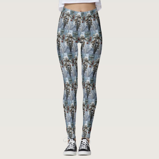 Coton De Tulear Dog Riding Motorcycle Christmas  Leggings (Front)