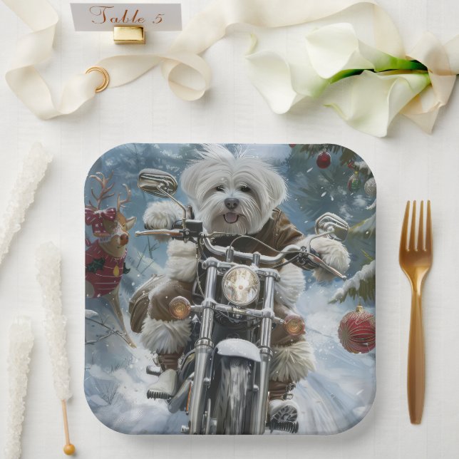 Coton De Tulear Dog Riding Motorcycle Christmas  Paper Plate (Wedding)