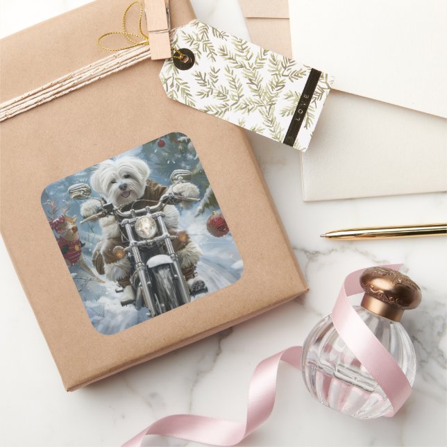 Coton De Tulear Dog Riding Motorcycle Christmas  Square Sticker (Gifting)