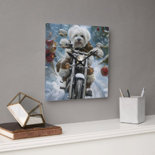 Coton De Tulear Dog Riding Motorcycle Christmas  Square Wall Clock