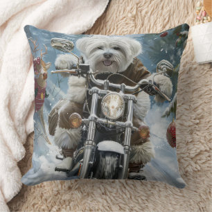 Coton De Tulear Dog Riding Motorcycle Christmas  Throw Pillow
