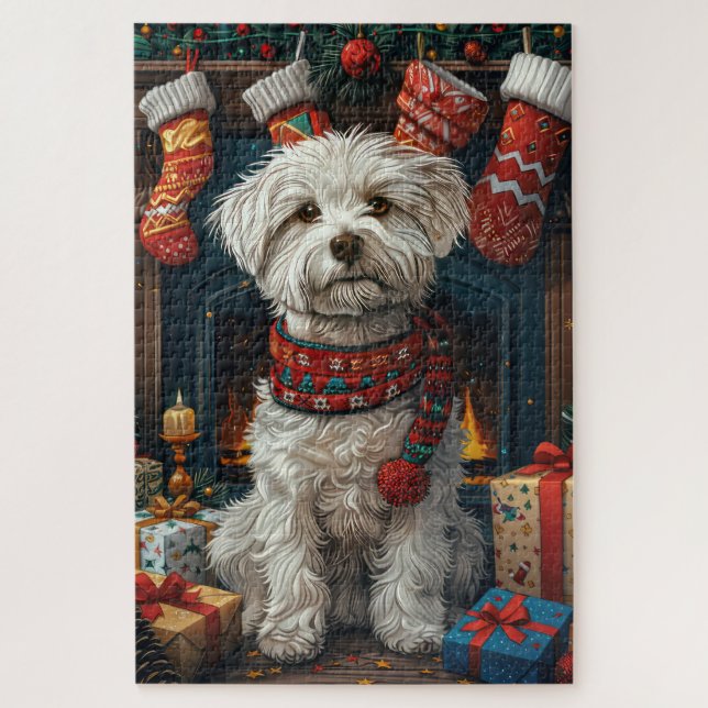 Coton De Tulear Dog With Christmas Gifts Fireplace Jigsaw Puzzle (Vertical)