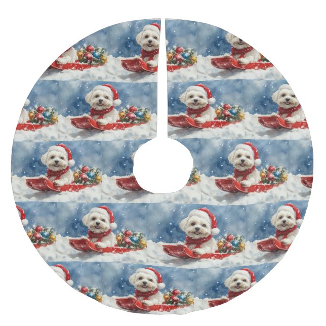 Coton De Tulear in Sledge Let it Snow Christmas Brushed Polyester Tree Skirt (Front)