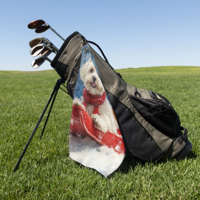 Coton De Tulear in Sledge Let it Snow Christmas Golf Towel (Green)