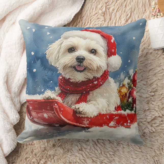 Coton De Tulear in Sledge Let it Snow Christmas Throw Pillow (Blanket)