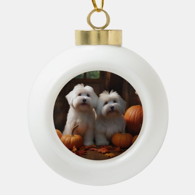 Coton De Tulear Puppy Autumn Delight Pumpkin  Ceramic Ball Christmas Ornament (Front)