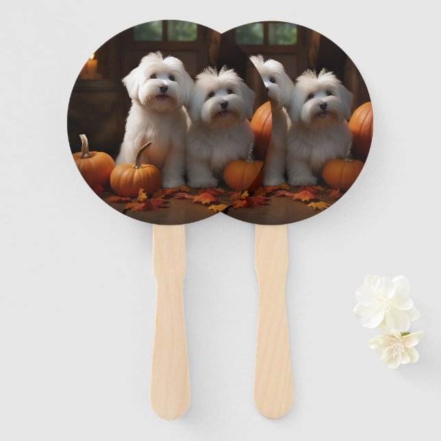 Coton De Tulear Puppy Autumn Delight Pumpkin  Hand Fan (Front and Back)
