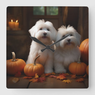 Coton De Tulear Puppy Autumn Delight Pumpkin Square Wall Clock