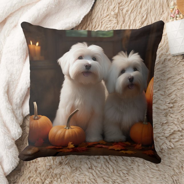 Coton De Tulear Puppy Autumn Delight Pumpkin  Throw Pillow (Blanket)