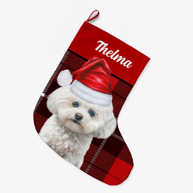 Coton de Tulear Red Plaid and Dogs Name Large Christmas Stocking (Front (Hanging))