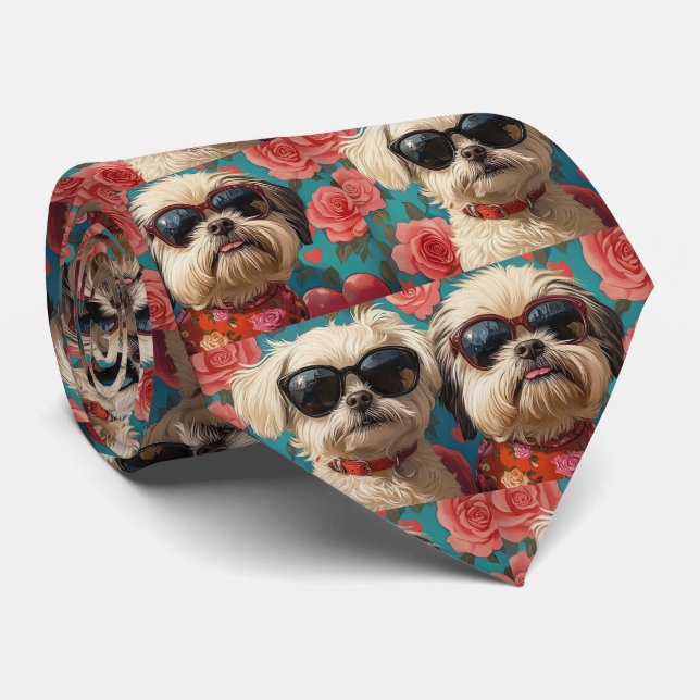 Coton De Tulear With Heart Roses Valentine's Day Tie (Rolled)