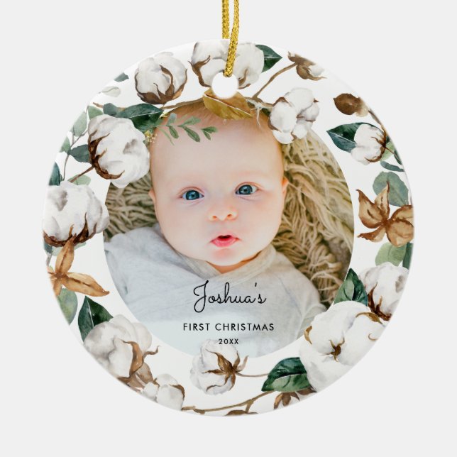 Coton Wreath Baby 1er ornement photo de Noël (Devant)