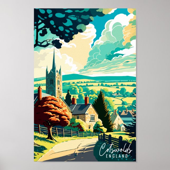 Cotswolds England vintage travel illustration Poster (Front)