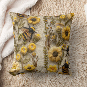 Cottagcore Bee & Wildflower Throw Pillow