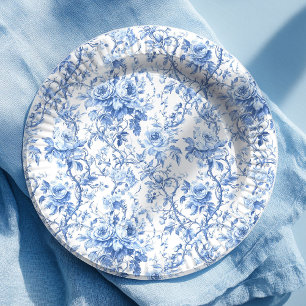 Cottage Blue French Toile Roses Floral Paper Plate