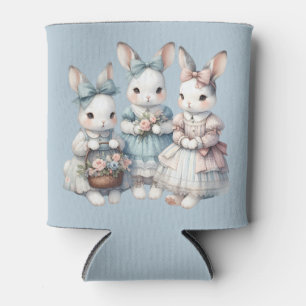 Cottage Bunny Sisters Watercolor Illustration Can Cooler