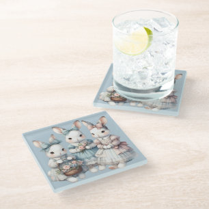 Cottage Bunny Sisters Watercolor Illustration Glass Coaster