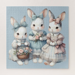 Cottage Bunny Sisters Watercolor Illustration Jigsaw Puzzle