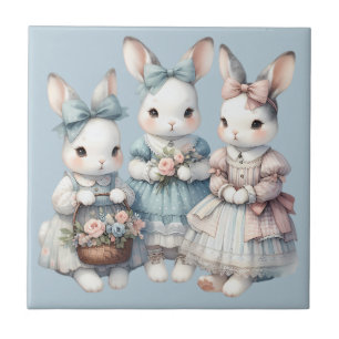 Cottage Bunny Sisters Watercolor Illustration Tile