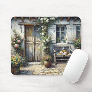 Cottage Cat On Wooden Bench Mouse Pad