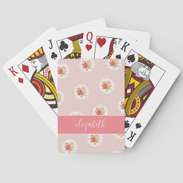 Cottage Chic Roses Pattern with Name Playing Cards (Back)