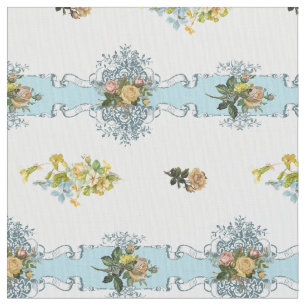 Cottage Chic Yellow Roses and Blue Ribbons Fabric