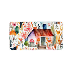 Cottage core floral countryside animals houses label