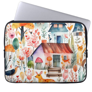 Cottage core floral countryside animals houses laptop sleeve