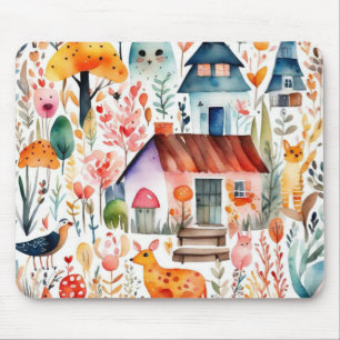 Cottage core floral countryside animals houses mouse pad