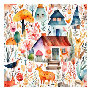 Cottage core floral countryside animals houses  photo print