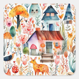 Cottage core floral countryside animals houses square sticker