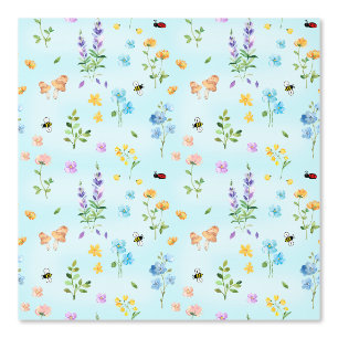 Cottage Core Floral Mushroom Bee Ladybug Blue Girl Wallpaper