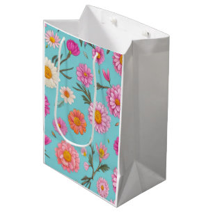 Cottage core floral white daisies pink flowers medium gift bag