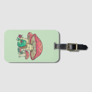 Cottage Core Frog Knitting under Mushroom  Luggage Tag