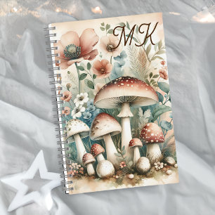Cottage Core Monogrammed Mushrooms and Flowers Notebook