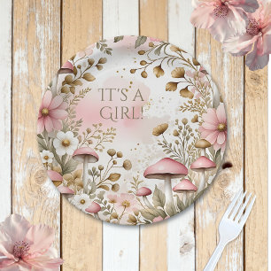 Cottage Core Mushrooms and Flowers   It's a Girl Paper Plate