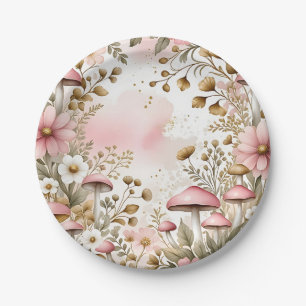 Cottage Core Mushrooms and Flowers Pink and Gold Paper Plate