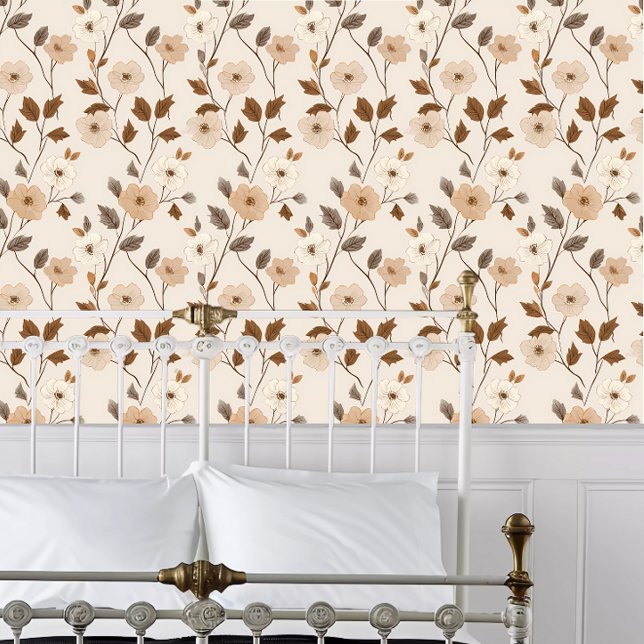 Cottage Core Neutral Flowers Wallpaper (Cottage Core Neutral Flowers Wallpaper behind a white metal bed frame. )